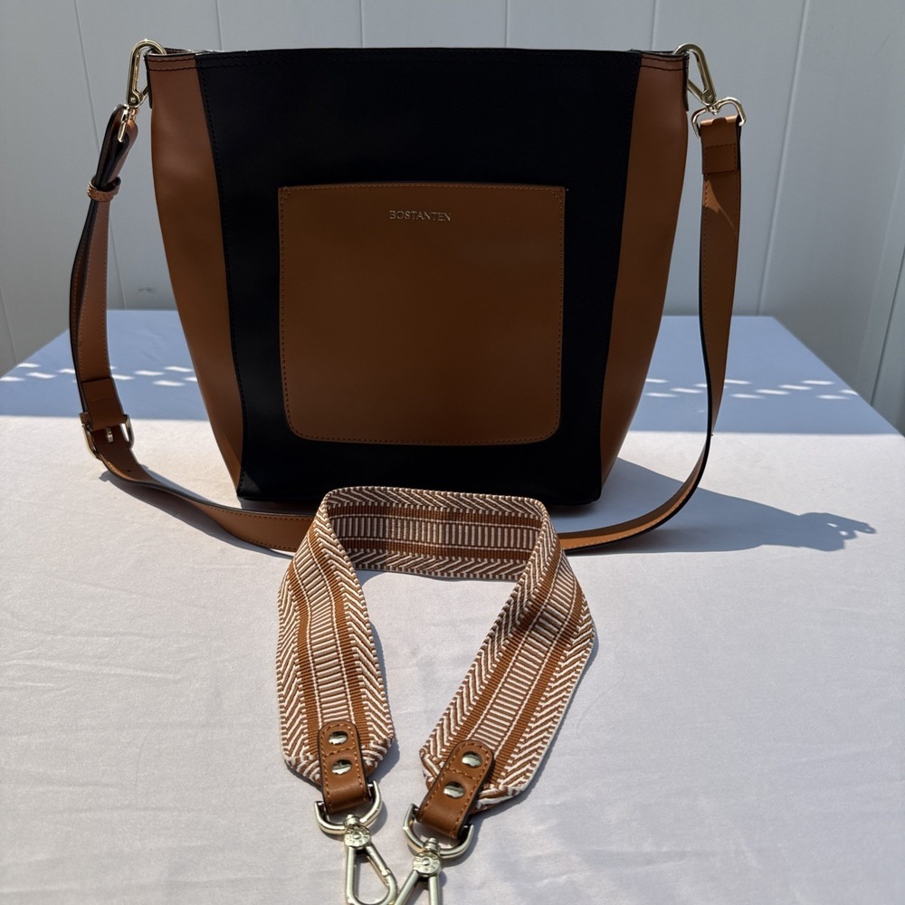 BOSTANTEN Women's Genuine Leather Brown Black Lotty Bucket Shoulder Bag